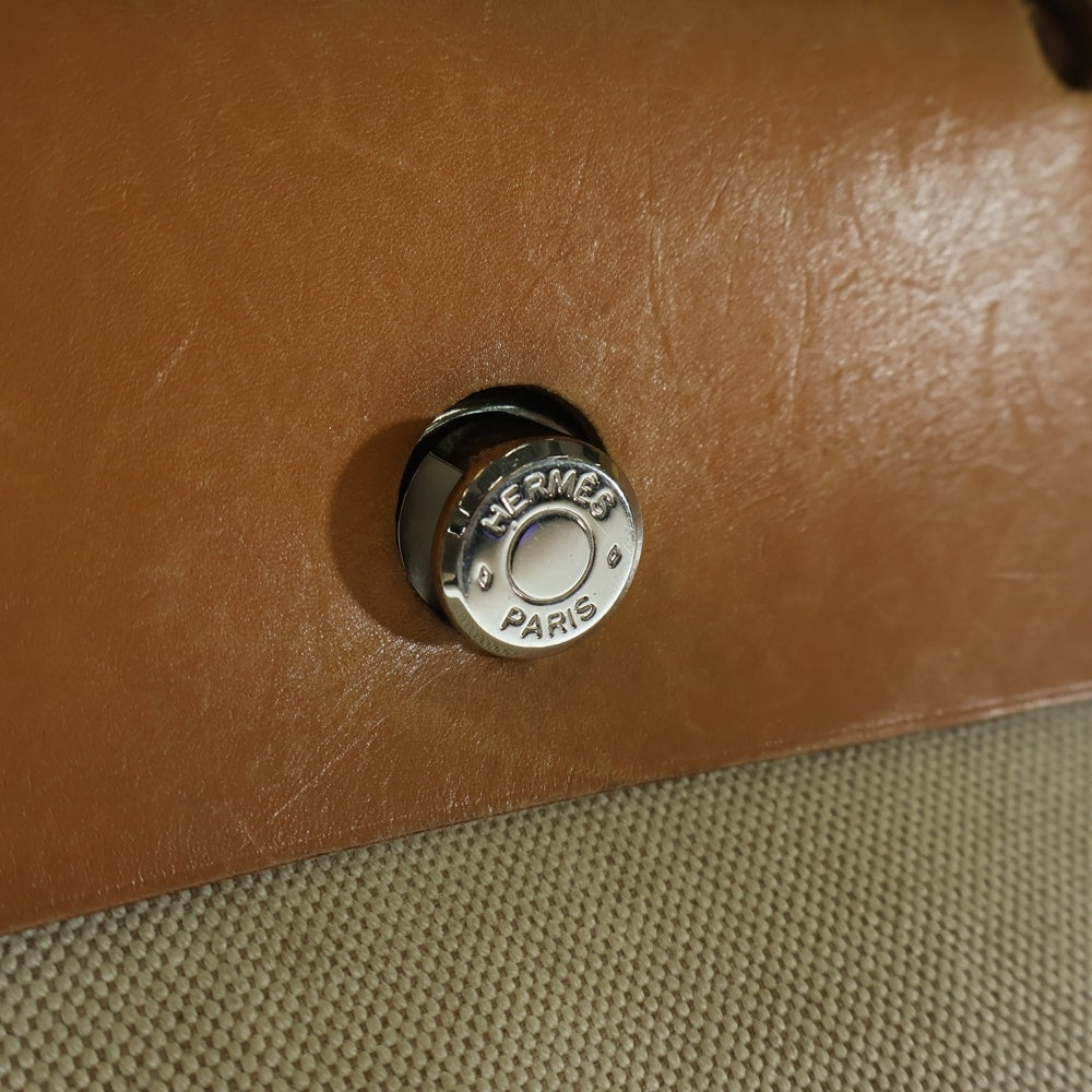 HERMES(エルメス) エールバッグMM ハンドバッグ アイボリー×ブラウン キャンバス×レザー □E刻印