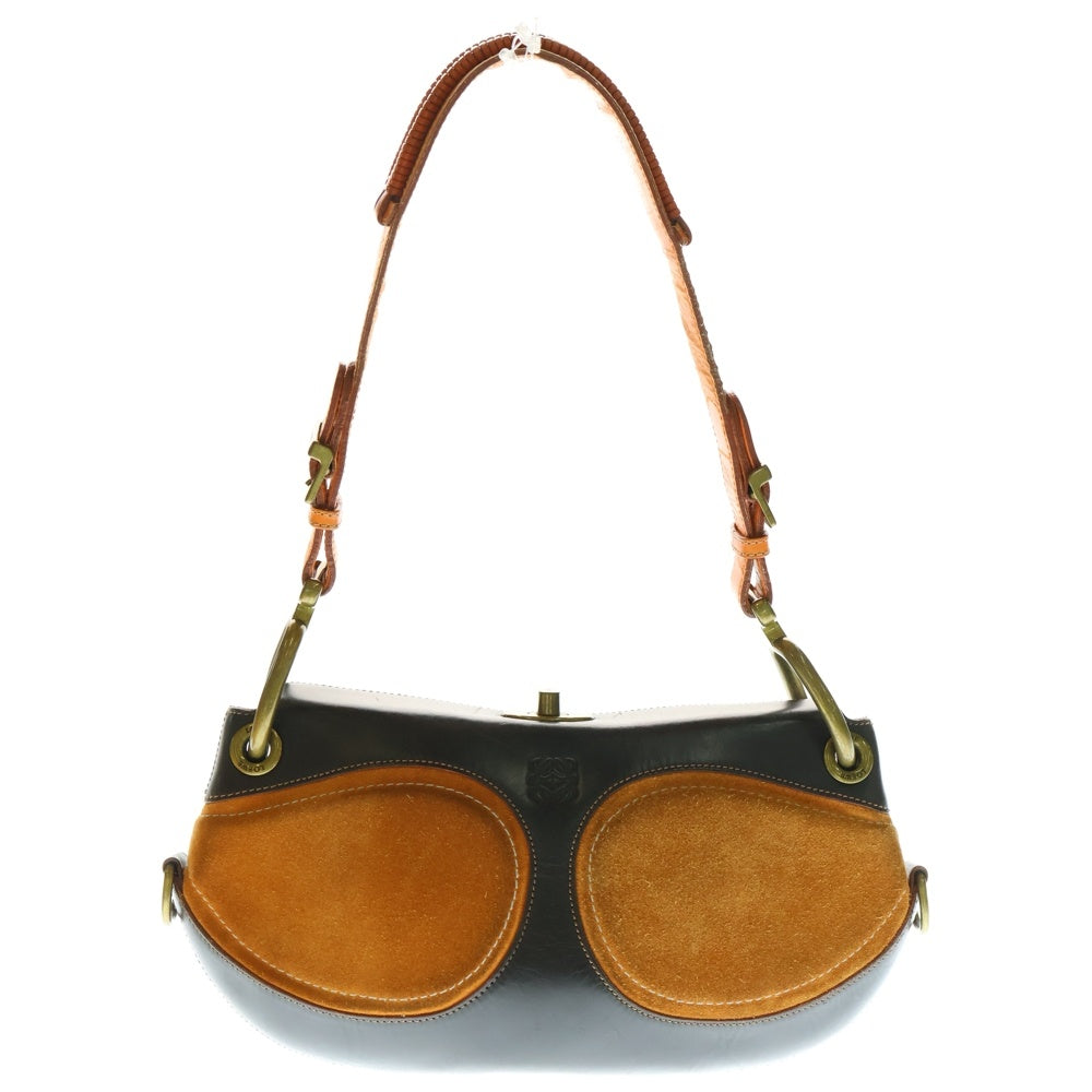 LOEWE(ロエベ) アナグラム ターンロック ワンショルダーバッグ ハンドバッグ ブラック×オレンジ ゴールド金具 レザー×スエード