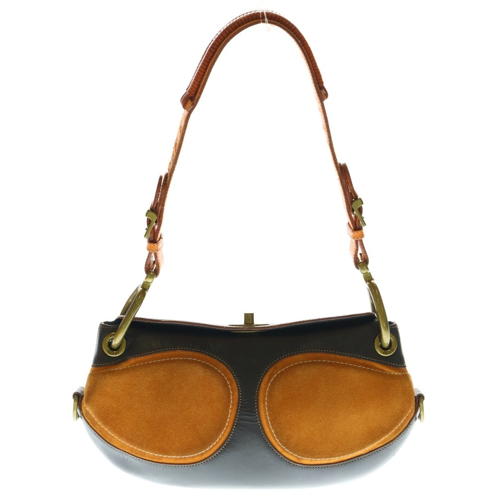 LOEWE(ロエベ) アナグラム ターンロック ワンショルダーバッグ ハンドバッグ ブラック×オレンジ ゴールド金具 レザー×スエード