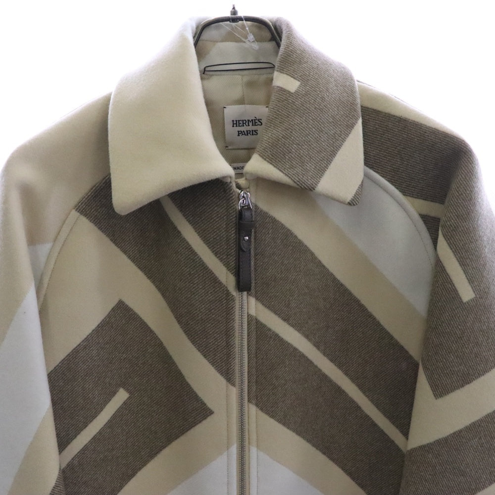 HERMES(エルメス) 22AW MOSAIQUE モザイク 総柄 シルク混 ウール ラグランスリーブ ジップアップ ステンカラーコート ベージュ 2H0133DI