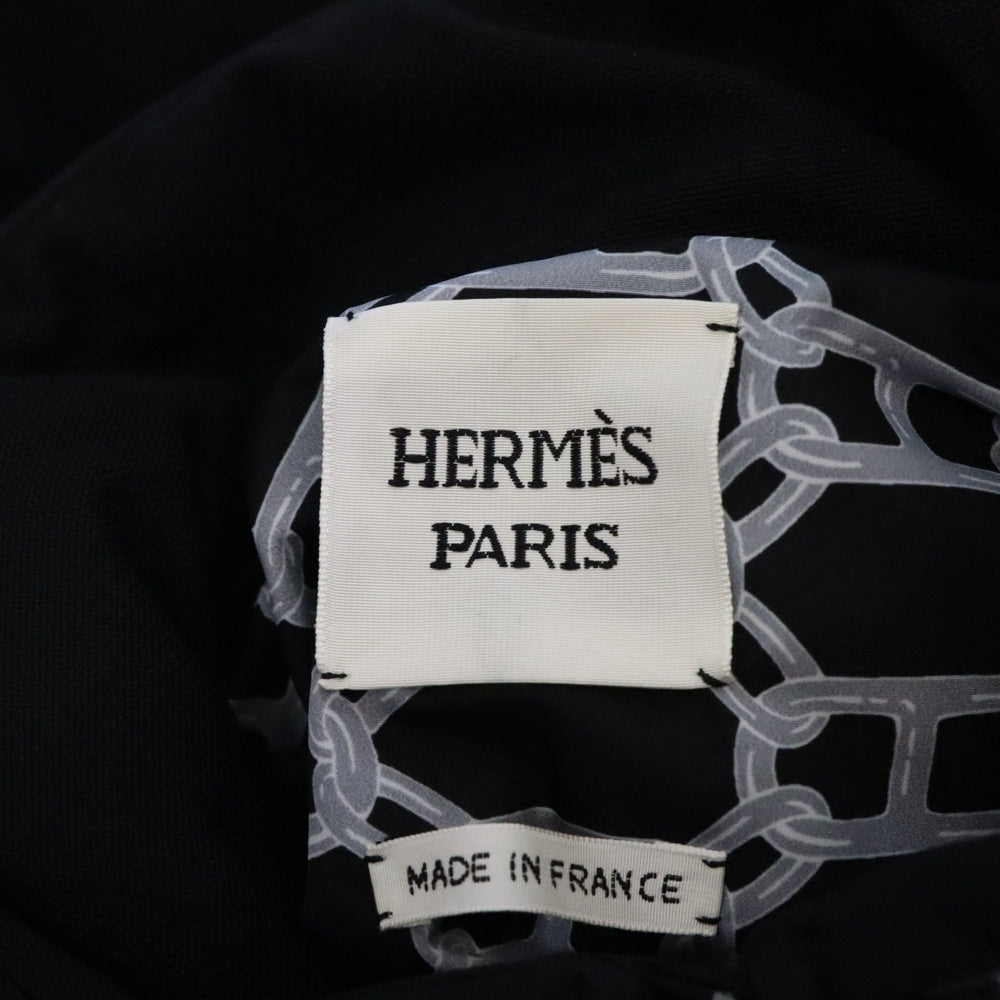 HERMES(エルメス) セリエ スナップボタン 裏地シェーヌダンクル総柄プリント レザーベルト ジップアップ ダウン ロング ベスト ジレ ブラック レディース