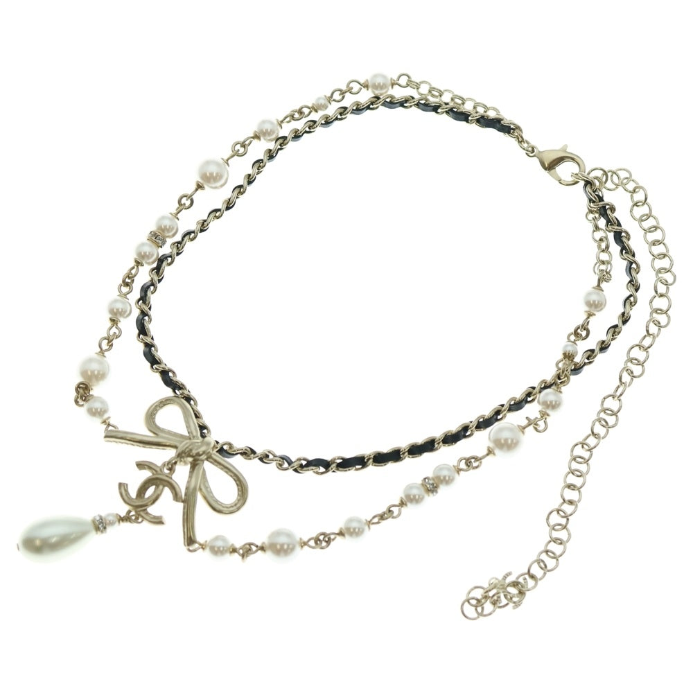 CHANEL(シャネル) ココマーク リボンチャーム フェイクパールネックレス ゴールド チェーン GP A22S