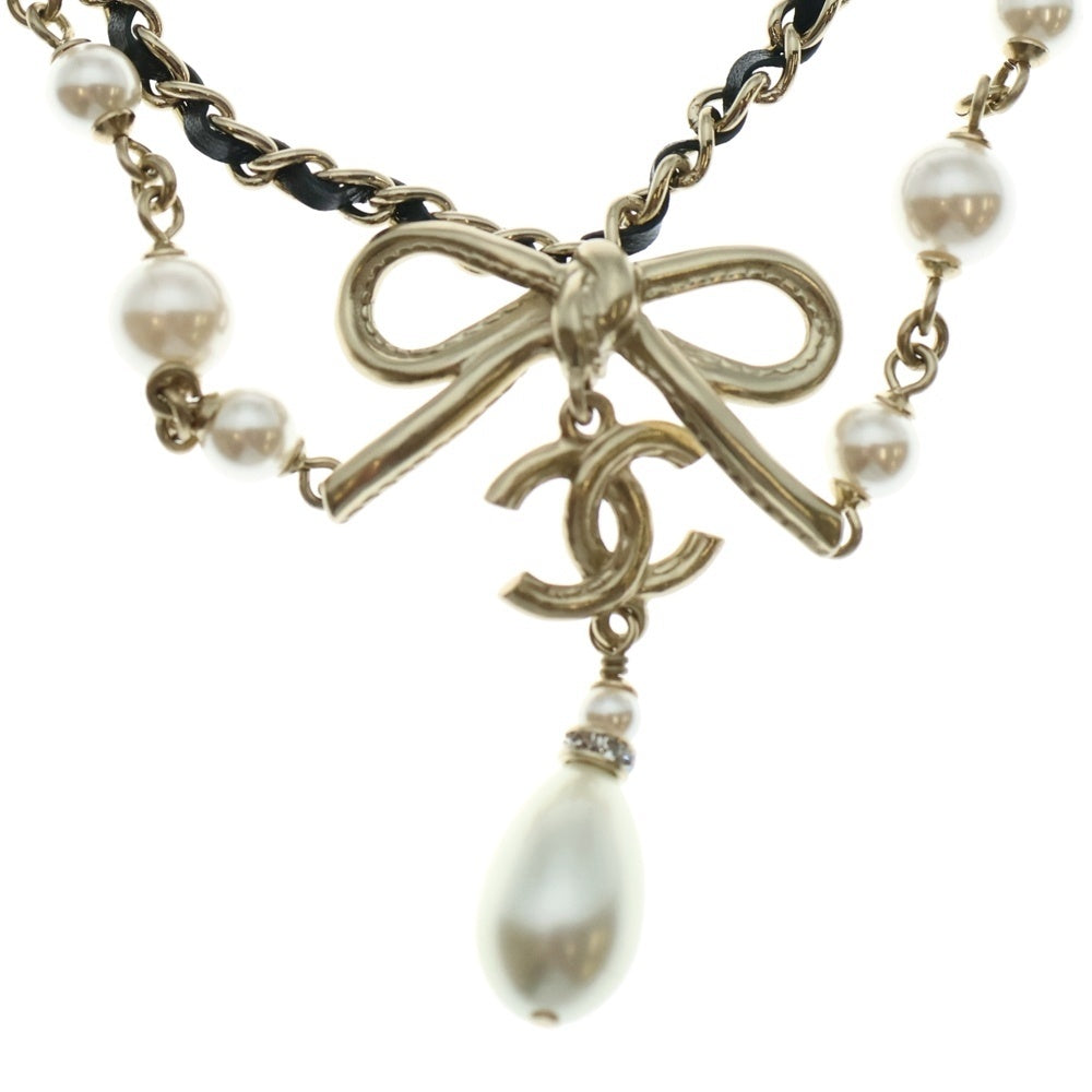 CHANEL(シャネル) ココマーク リボンチャーム フェイクパールネックレス ゴールド チェーン GP A22S