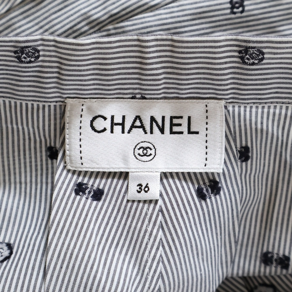 CHANEL(シャネル) ココマークボタン カメリア ストライプ 総柄 フレア ロング スカート グレー レディース P72601V63866
