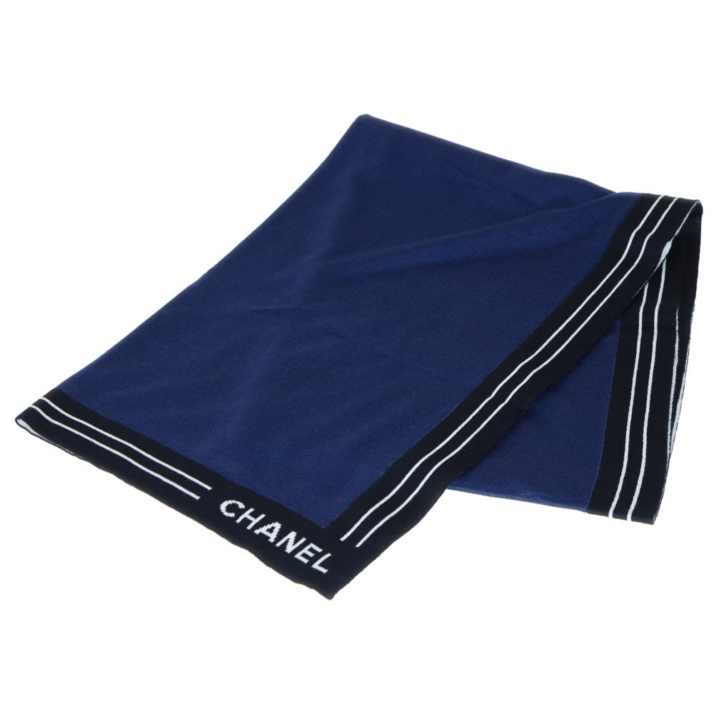CHANEL(シャネル) ロゴジャガード ストライプ シルク カシミヤ ニット ストール マフラー ネイビー/ブラック