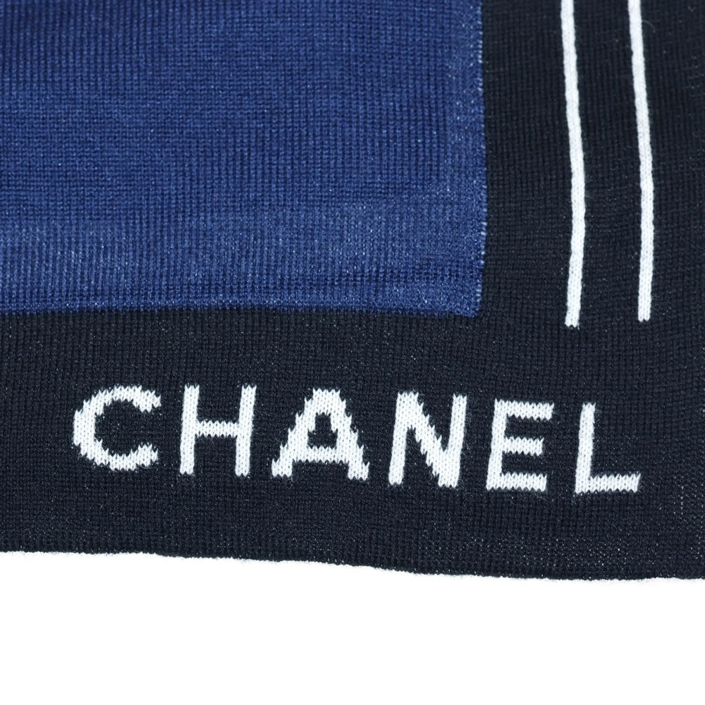 CHANEL(シャネル) ロゴジャガード ストライプ シルク カシミヤ ニット ストール マフラー ネイビー/ブラック