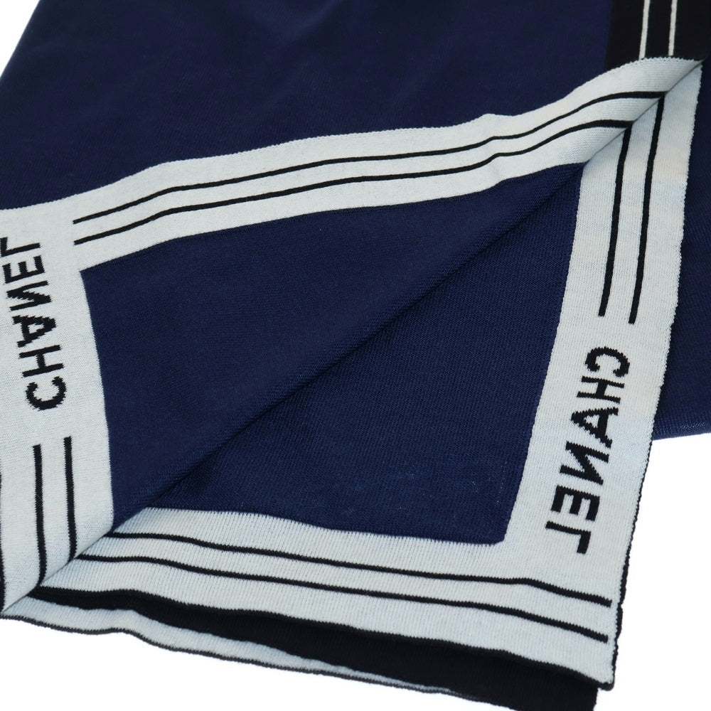 CHANEL(シャネル) ロゴジャガード ストライプ シルク カシミヤ ニット ストール マフラー ネイビー/ブラック