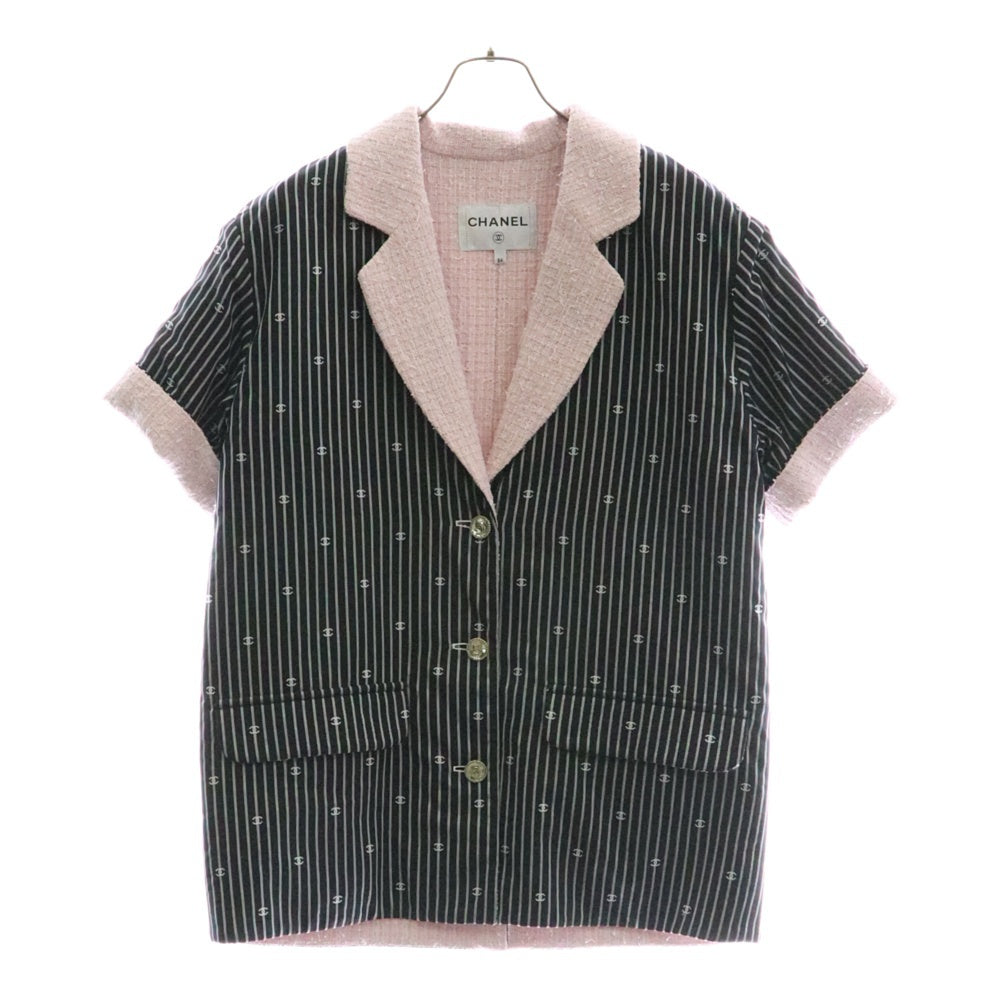 CHANEL(シャネル) ココマーク ストライプ 総柄 ツイード切り替え No.5ボタン 3B 半袖 テーラードジャケット ブラック/ピンク レディース P70675V61802