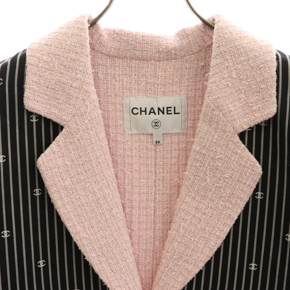 CHANEL(シャネル) ココマーク ストライプ 総柄 ツイード切り替え No.5ボタン 3B 半袖 テーラードジャケット ブラック/ピンク レディース P70675V61802