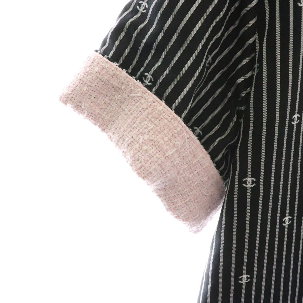 CHANEL(シャネル) ココマーク ストライプ 総柄 ツイード切り替え No.5ボタン 3B 半袖 テーラードジャケット ブラック/ピンク レディース P70675V61802