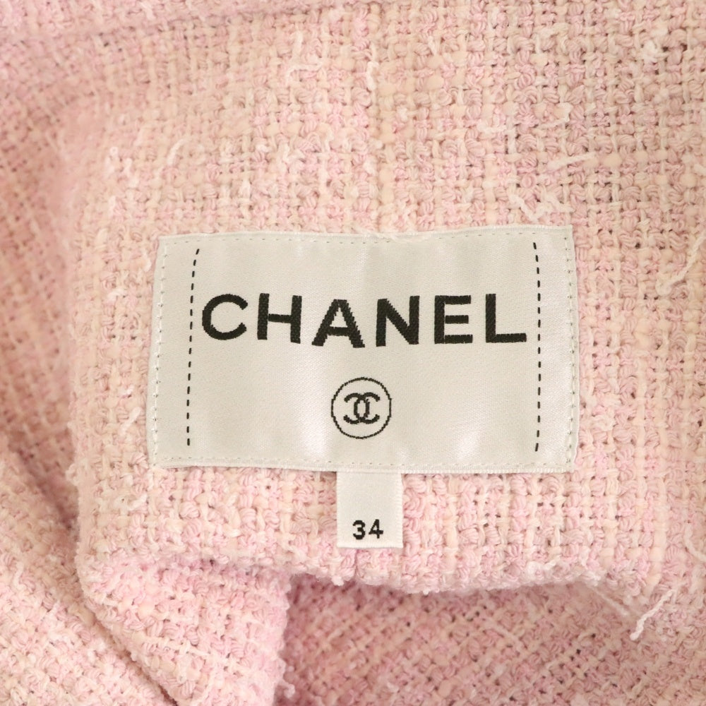 CHANEL(シャネル) ココマーク ストライプ 総柄 ツイード切り替え No.5ボタン 3B 半袖 テーラードジャケット ブラック/ピンク レディース P70675V61802