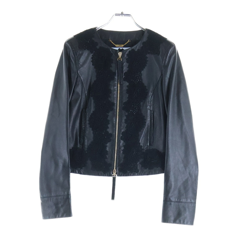 Blumarine(ブルマリン) レースデザイン ラムスキン レザー ノーカラー ジップアップ ジャケット ブラック レディース WT0225300