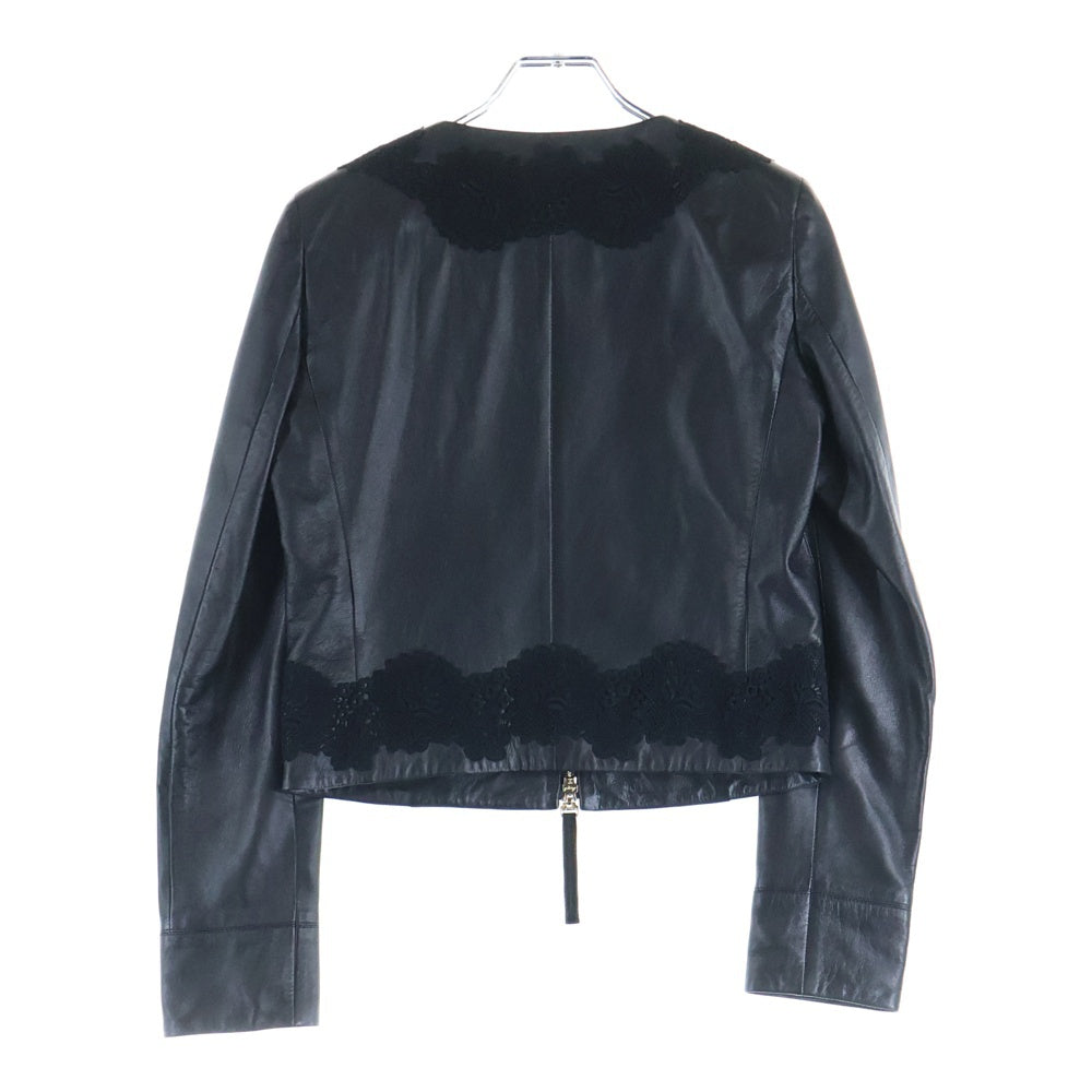 Blumarine(ブルマリン) レースデザイン ラムスキン レザー ノーカラー ジップアップ ジャケット ブラック レディース WT0225300