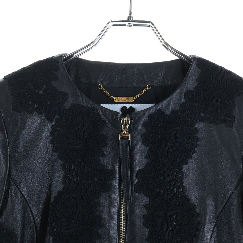 Blumarine(ブルマリン) レースデザイン ラムスキン レザー ノーカラー ジップアップ ジャケット ブラック レディース WT0225300