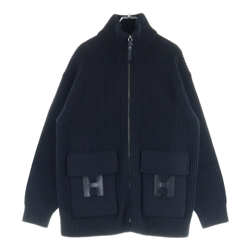 HERMES(エルメス) 22AW Hロゴパッチ ポケット ジップアップ ウール ドライバーズ ニット ジャケット ブラック 2H2204DA