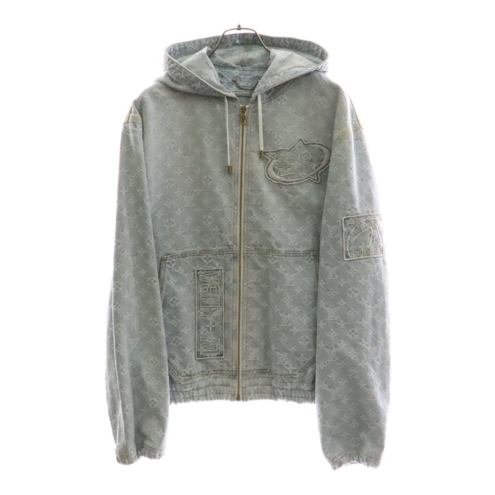 LOUIS VUITTON(ルイヴィトン) 21AW ×NBA モノグラム総柄 デニム ワッペンロゴ フーデッド ジップアップ ジャケット パーカー インディゴ RM212M UZD HLA01W