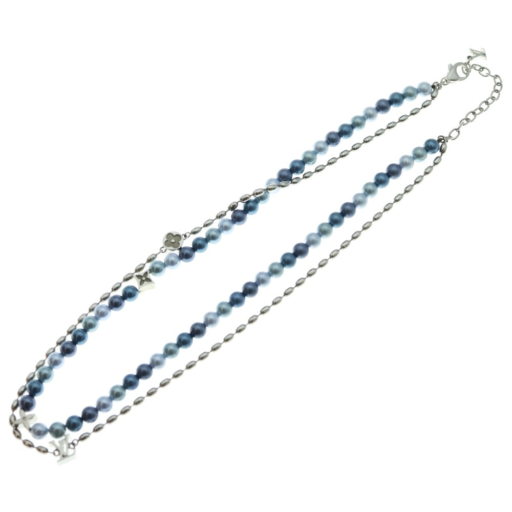 LOUIS VUITTON(ルイヴィトン) ガラスパール フュージョン LVイニシャル ダブルチェーン ネックレス M02224 ブルー×シルバー