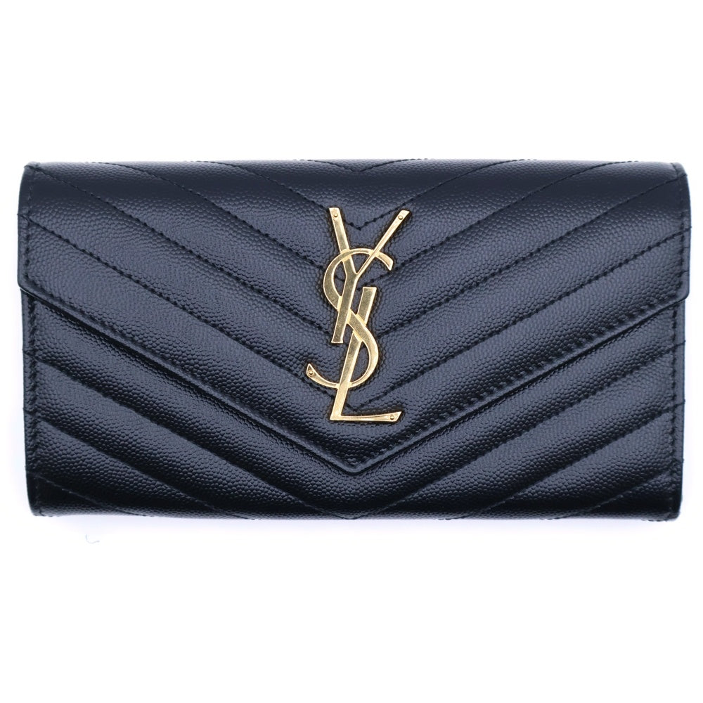 SAINT LAURENT PARIS(サンローランパリ) カサンドラ Vステッチ キルティングレザーロングウォレット 長財布 ブラック/ゴールド GD金具 372264