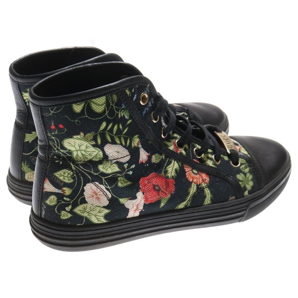 GUCCI(グッチ) フラワー総柄プリント キャンバス レザー レースアップ ミッドカットシューズ スニーカー ブラック レディース 380960