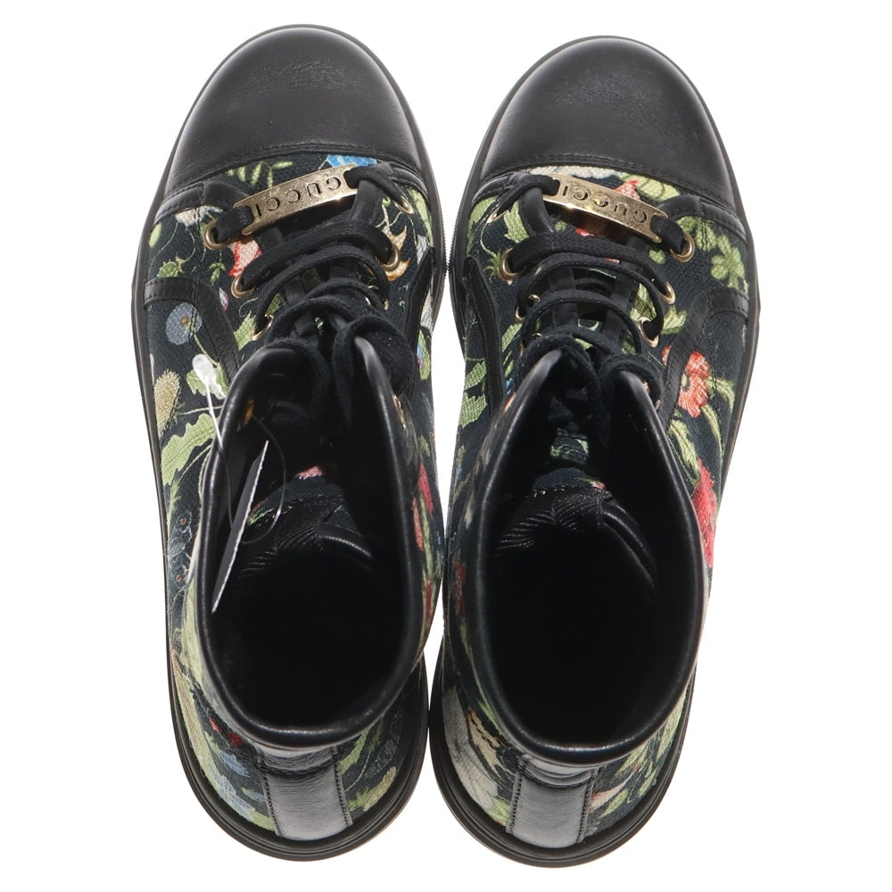 GUCCI(グッチ) フラワー総柄プリント キャンバス レザー レースアップ ミッドカットシューズ スニーカー ブラック レディース 380960