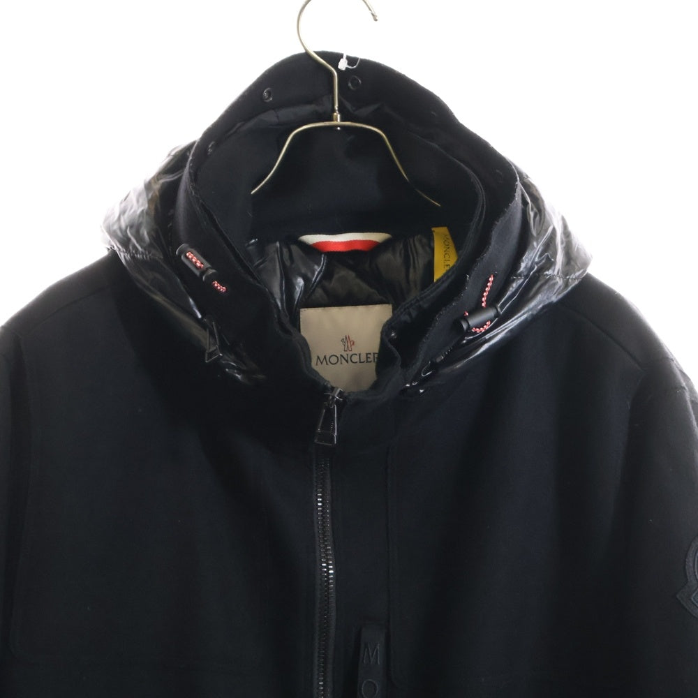 MONCLER(モンクレール) 18AW VALBERG ヴァルヴェール ワッペンロゴ 刺繍 ウール切り替え フーデッド ジップアップ ダウン ロング ジャケット コート ブラック D20914235485 57533