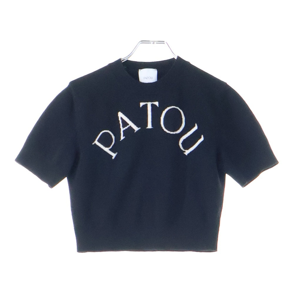 PATOU(パトゥー) メリノウールブレンド アーチロゴジャガード 半袖 プルオーバー クロップド ショート丈 クルーネック ニット セーター ブラック レディース KN2228045999B