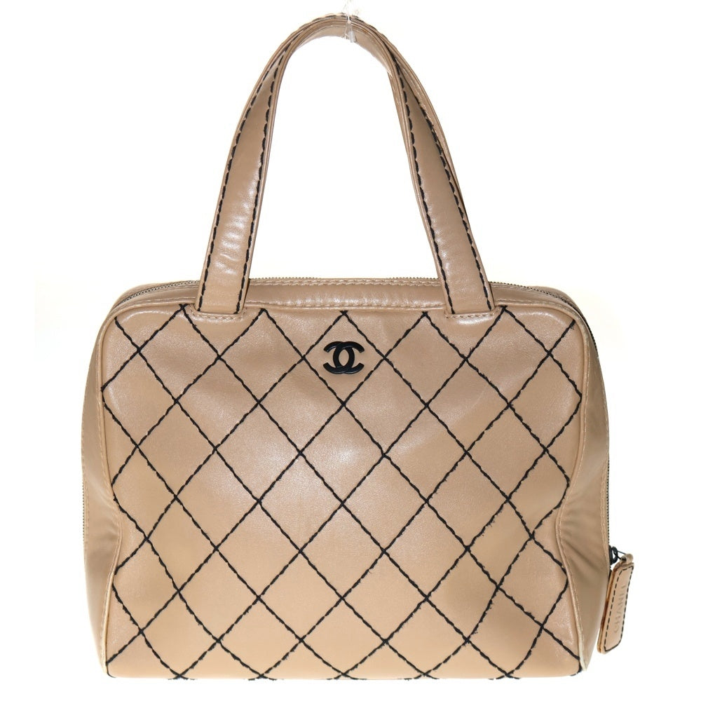 CHANEL(シャネル) マトラッセ ワイルドステッチ ボストンバッグ ハンドバッグ ベージュ ラムスキン ブラック金具