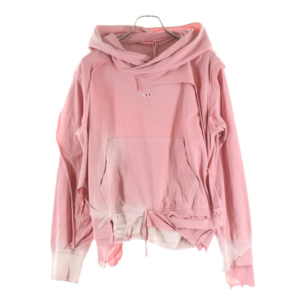 DIESEL(ディーゼル) F-MAITE Dワッペンロゴ ダメージ加工 レイヤード プルオーバー パーカー フーディー ピンク 0KLAH