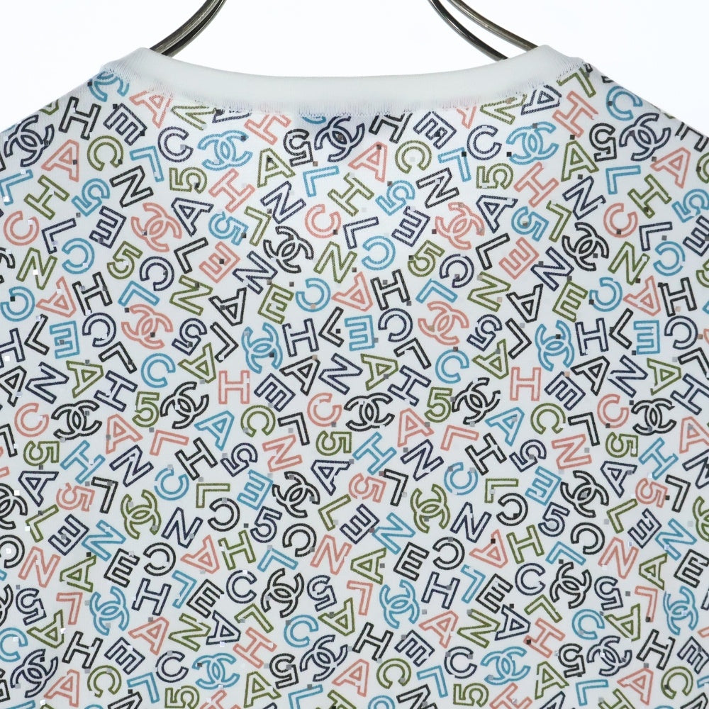 CHANEL(シャネル) ココマーク ロゴ 総柄プリント ラメ クルーネック ロングスリーブ 長袖Tシャツ カットソー ホワイト レディース P70441K10039