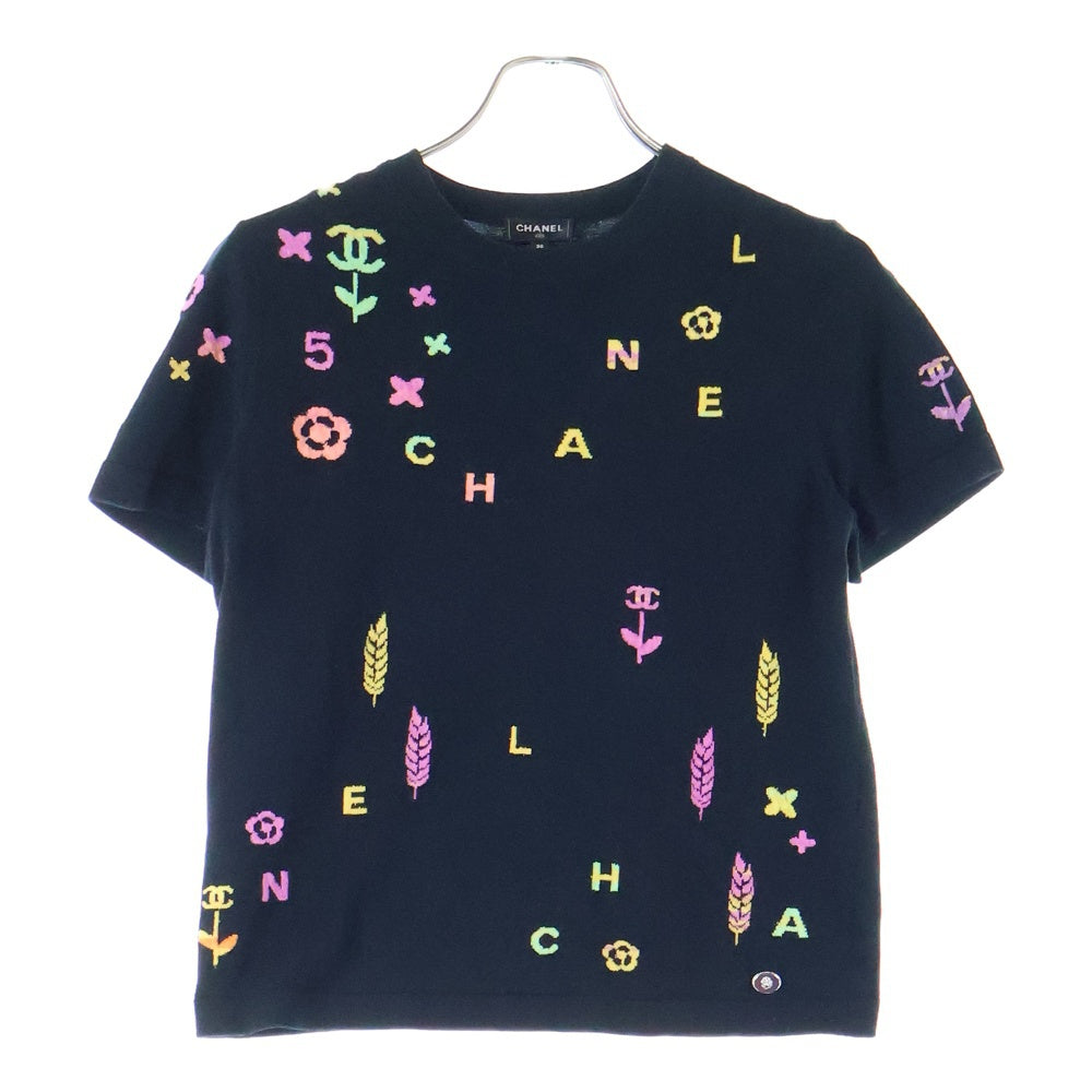 CHANEL(シャネル) ココマーク ロゴジャガード コットンニット クルーネック 半袖Tシャツ カットソー ブラック レディース P72160K10373