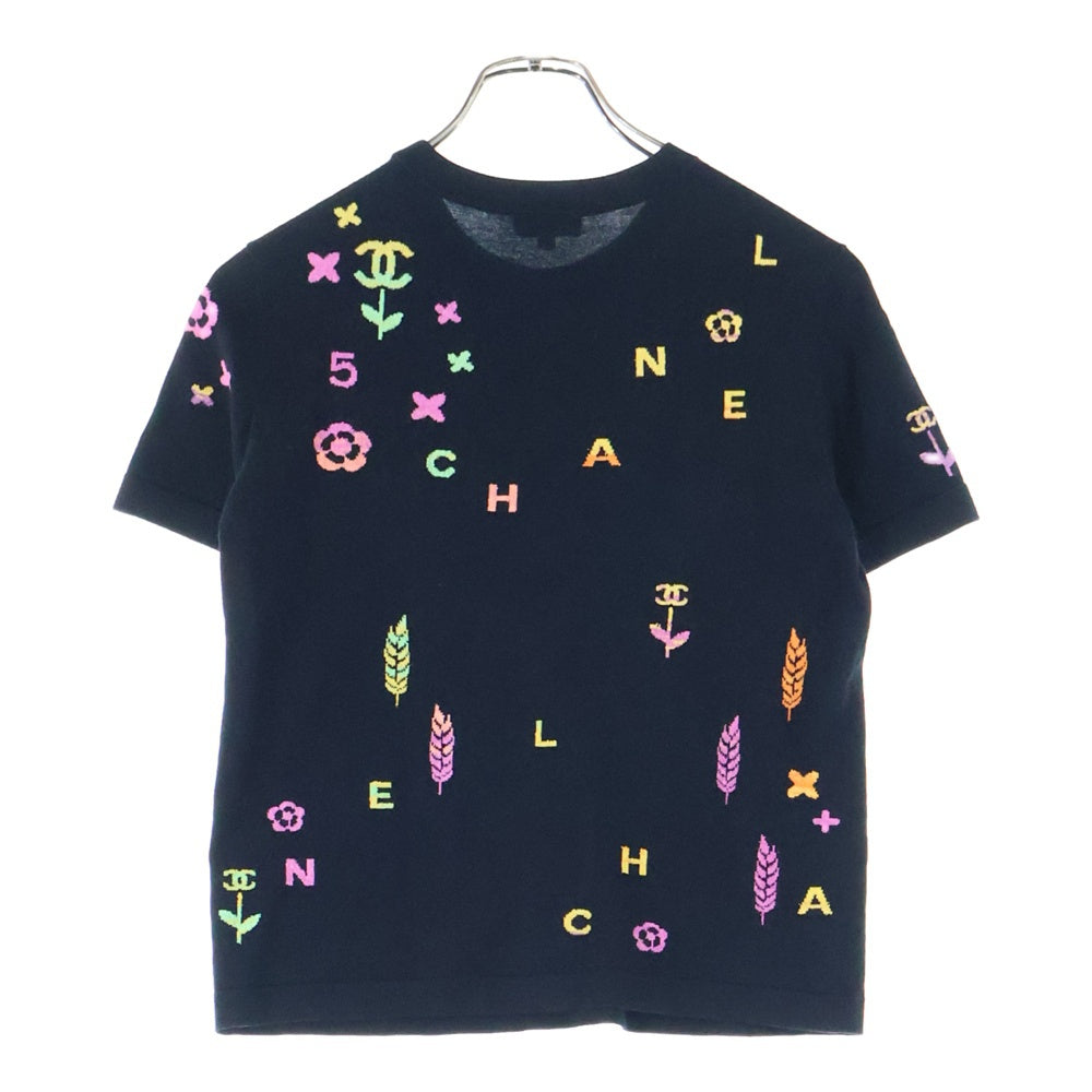 CHANEL(シャネル) ココマーク ロゴジャガード コットンニット クルーネック 半袖Tシャツ カットソー ブラック レディース P72160K10373
