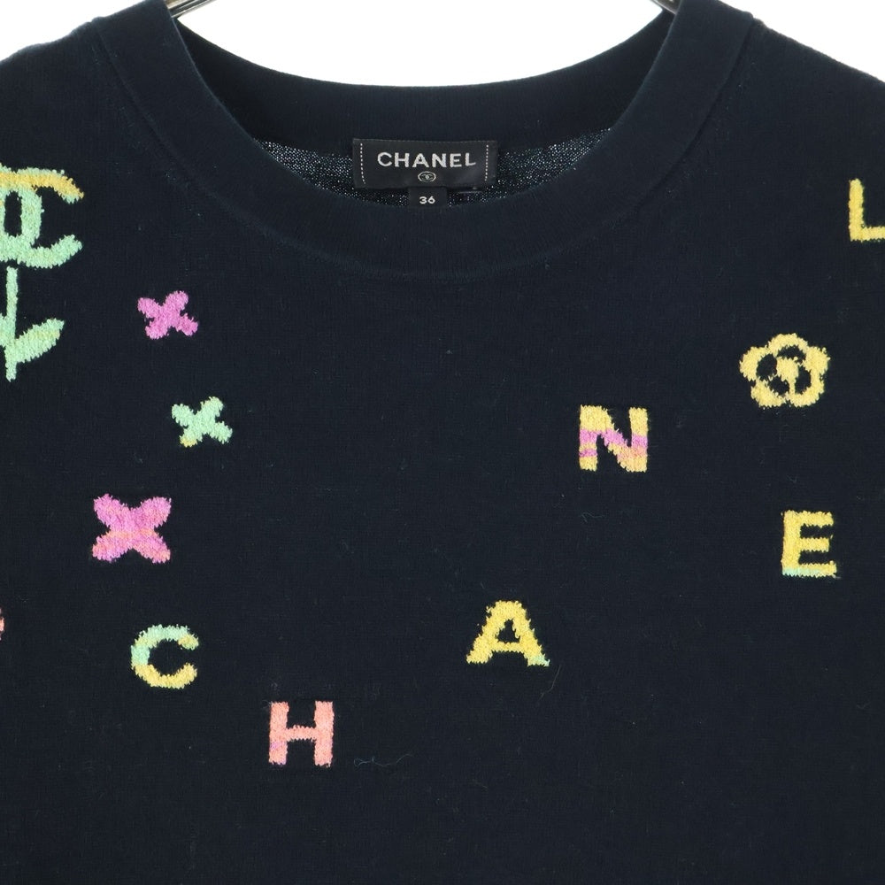 CHANEL(シャネル) ココマーク ロゴジャガード コットンニット クルーネック 半袖Tシャツ カットソー ブラック レディース P72160K10373