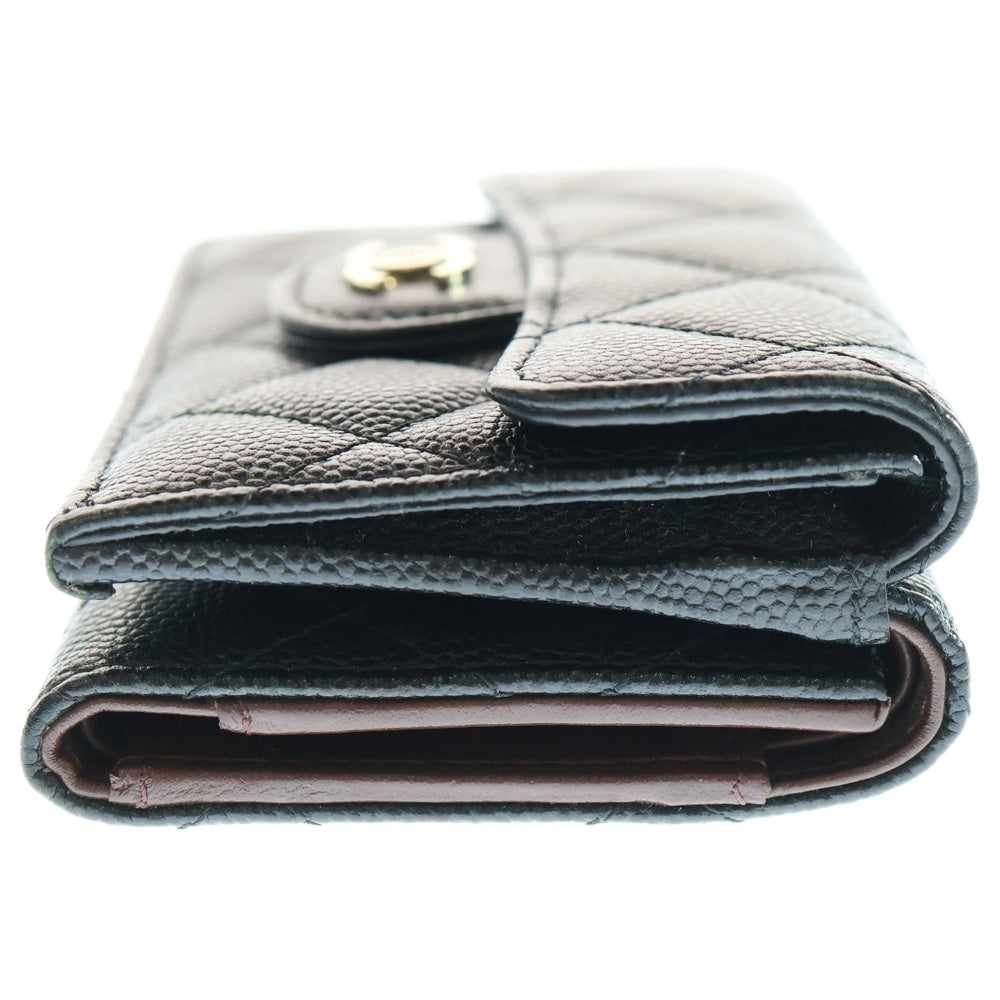 CHANEL(シャネル) ココマーク マトラッセ キャビアスキン スモールフラップレザーコンパクトウォレット 三つ折り財布 GD金具 ブラック