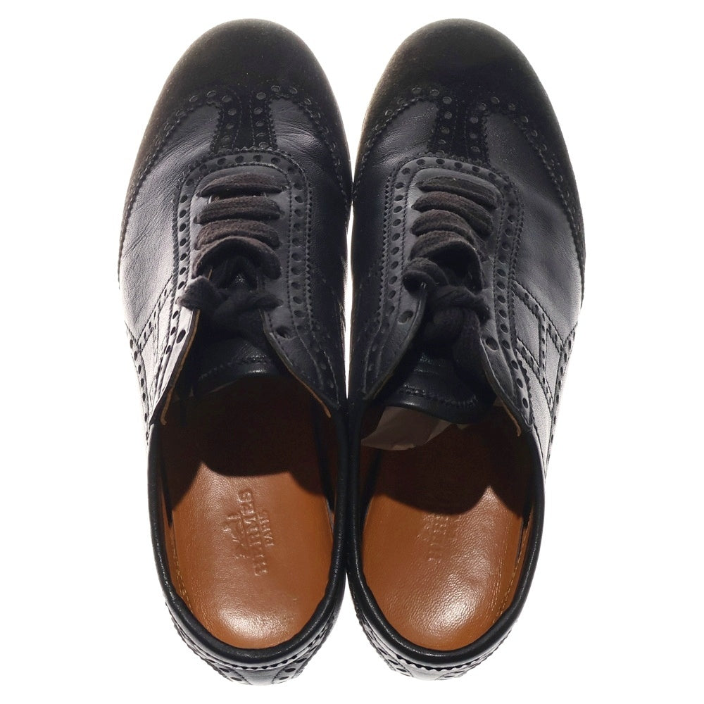 HERMES(エルメス) ウィングチップ スエード コンビレザー レースアップ ローカット ドライビングシューズ スニーカー ブラック レディース