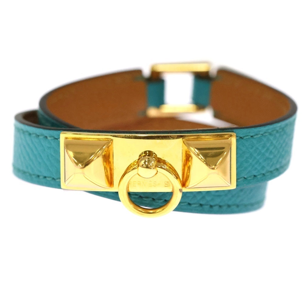 HERMES(エルメス) リヴァル ドゥブルトゥール ブレスレット メドールスタッド ブルーパオ スイフト ブルーグリーン×ゴールド X刻印