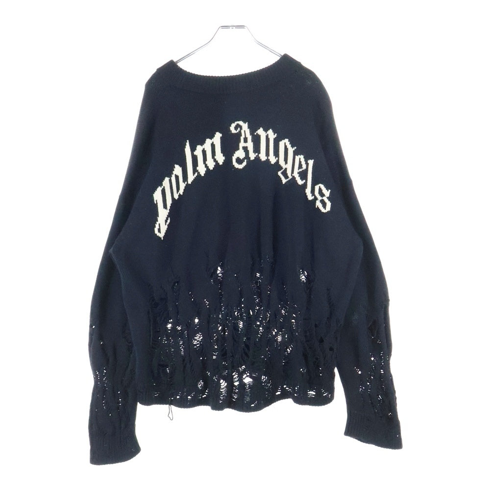 Palm Angels(パームエンジェルス) バックロゴジャガード ダメージ加工 クルーネック プルオーバー 長袖ニット セーター ブラック PMHE007E20KNI004