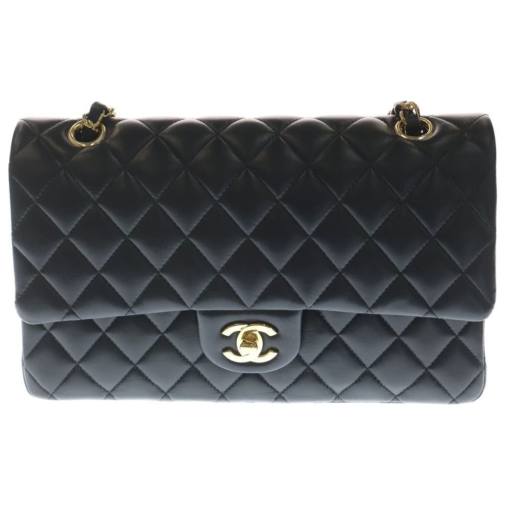 CHANEL(シャネル) マトラッセ25 ダブルフラップ ダブルチェーン ショルダーバッグ ブラック ラムスキン ゴールド金具 A01112 レディース