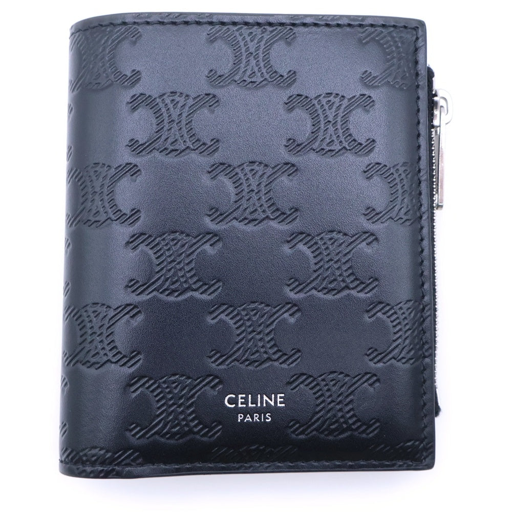 CELINE(セリーヌ) ミニトリオンフ 三つ折り財布 コンパクトウォレット ブラック レザー シルバー金具 レディース