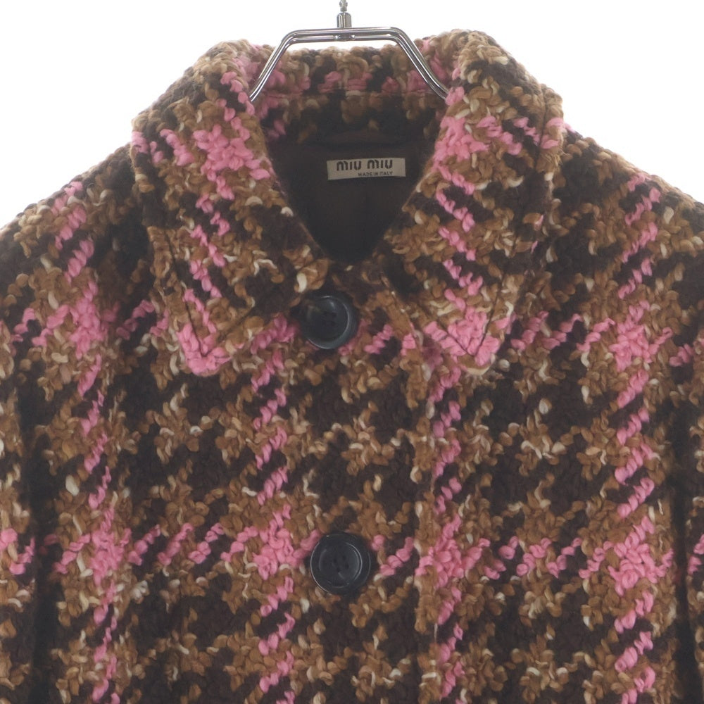 miumiu(ミュウミュウ) 18AW ウールツイード チェック総柄 4B ステンカラー コート ブラウン/ピンク レディース MS1538