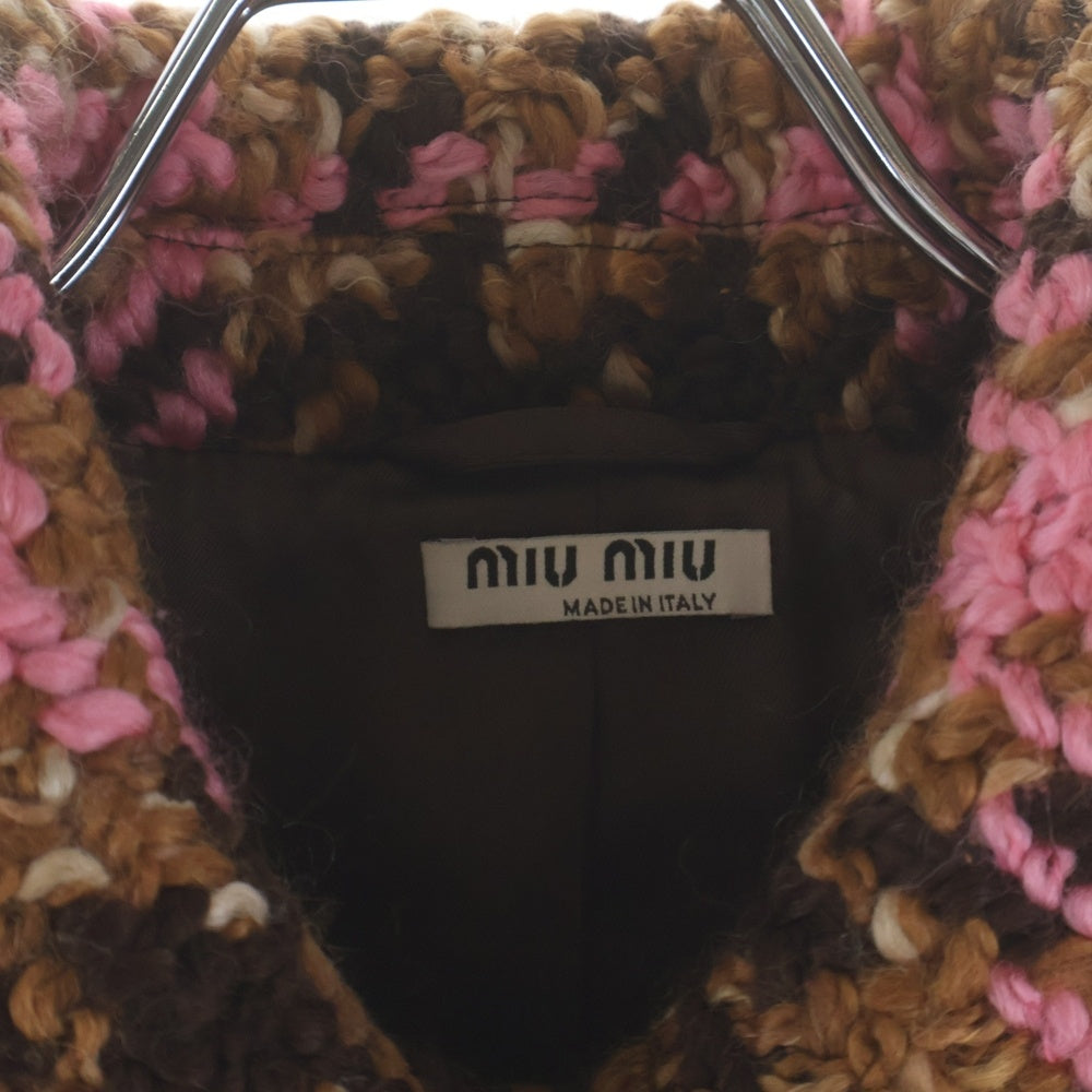 miumiu(ミュウミュウ) 18AW ウールツイード チェック総柄 4B ステンカラー コート ブラウン/ピンク レディース MS1538