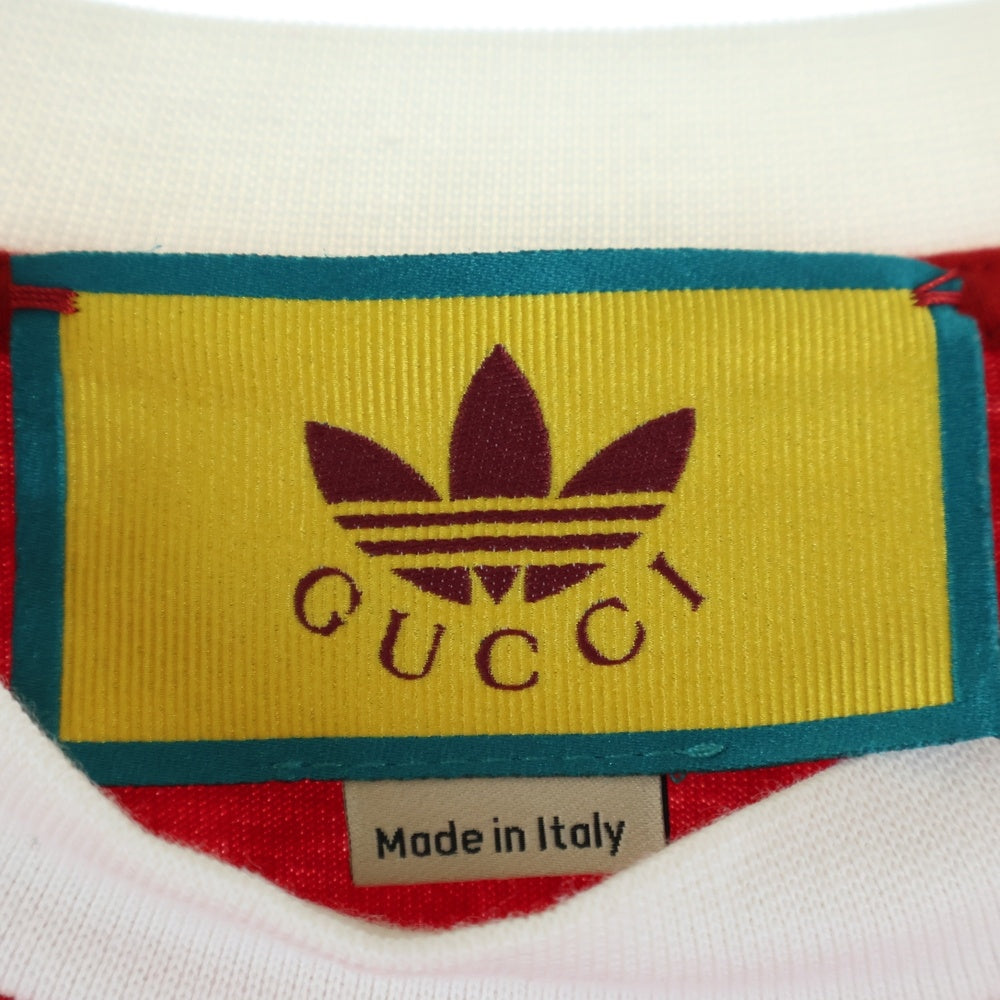 GUCCI(グッチ) × アディダス トレフォイルロゴ プリント クルーネック ロングスリーブ 長袖 Tシャツ ワンピース カットソー レッド レディース 693537