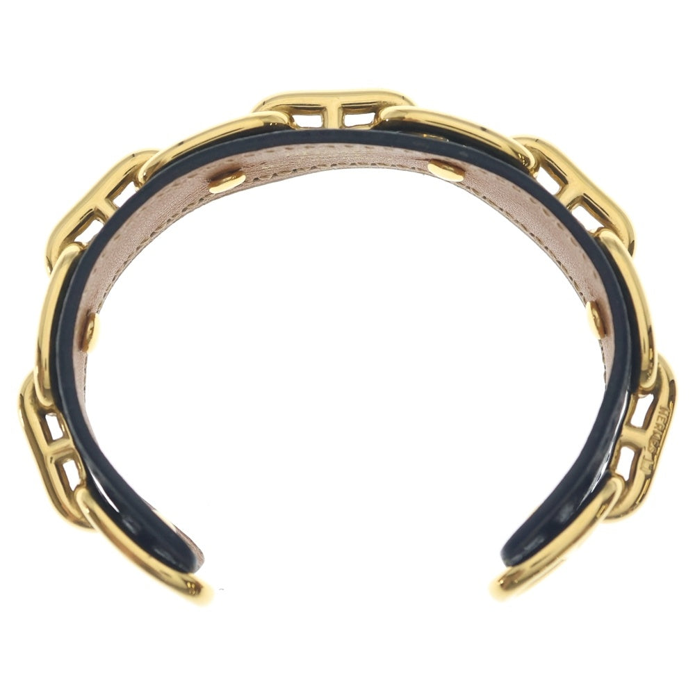 HERMES(エルメス) シェーヌダンクル バングル ブレスレット レザー ブラック×ゴールド □R刻印