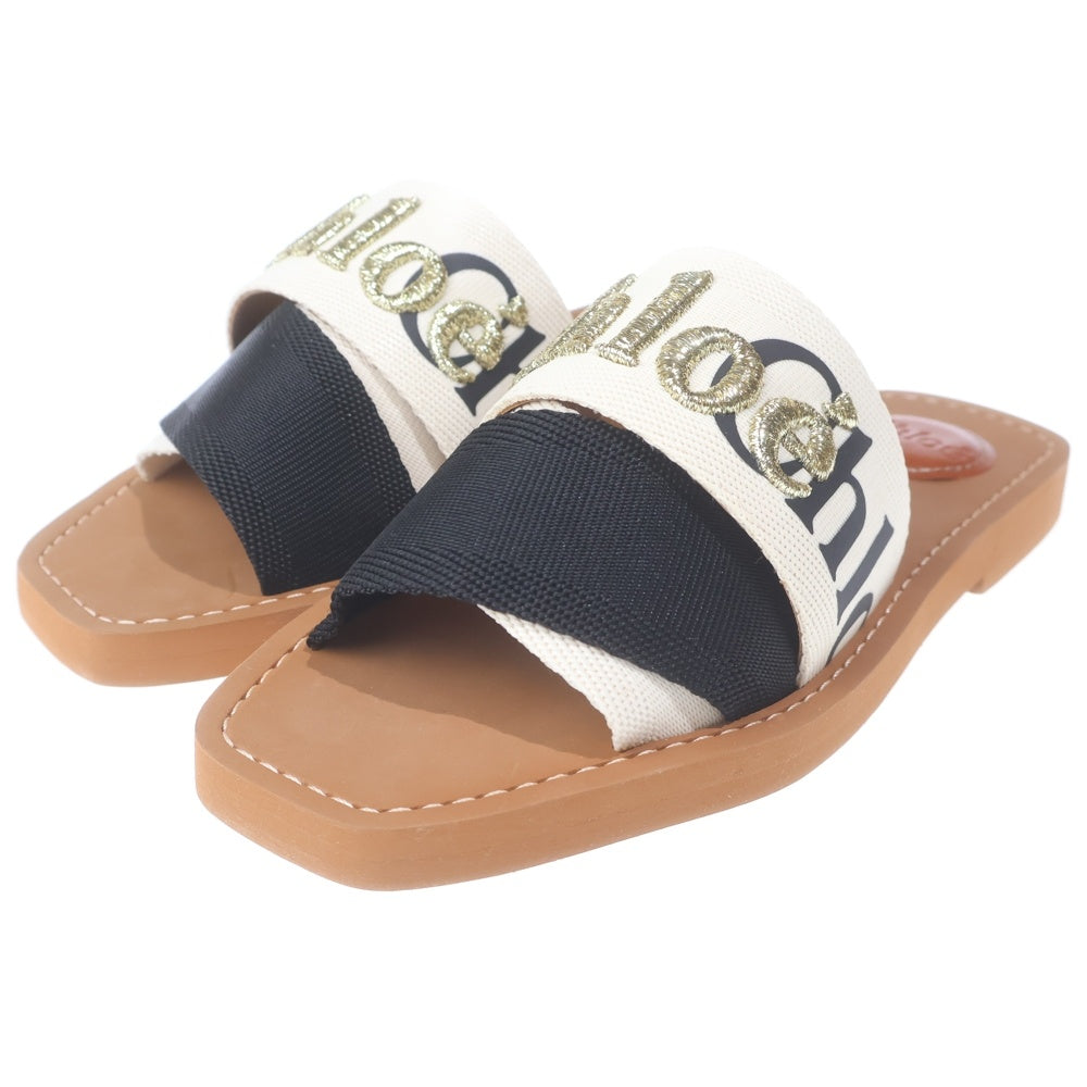 Chloe(クロエ) WOODY ウッディ ロゴ刺繍 ミュール サンダル シューズ ベージュ レディース