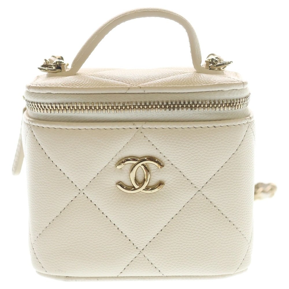 CHANEL(シャネル) ミニ バニティバッグ ショルダーバッグ チェーンバッグ キャビアスキン ホワイト ゴールド金具 レディース