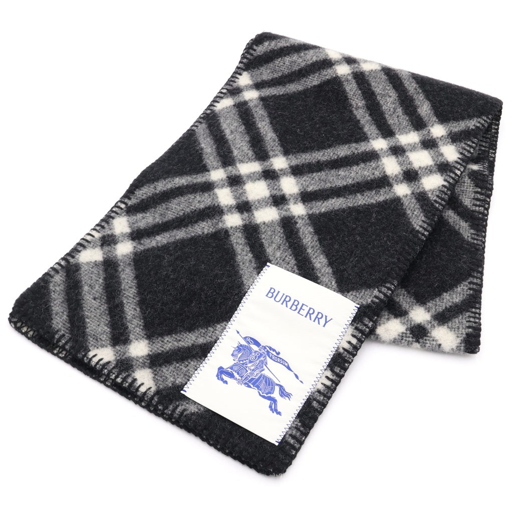 BURBERRY(バーバリー) ノバチェック総柄 ロゴパッチ ウール マフラー ブラック/ホワイト