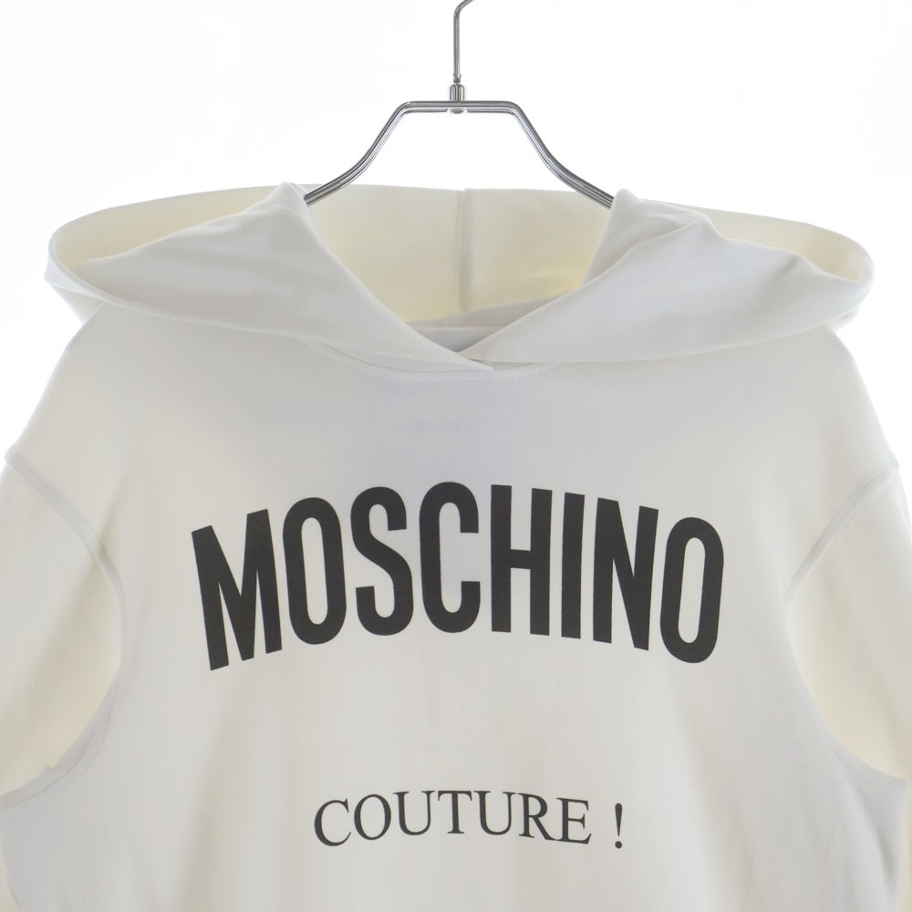 MOSCHINO(モスキーノ) 19SS ロゴプリント バイカラー プルオーバースウェット ロング パーカー フーディー ワンピース ホワイト/ブラック レディース 191AFEA04550526