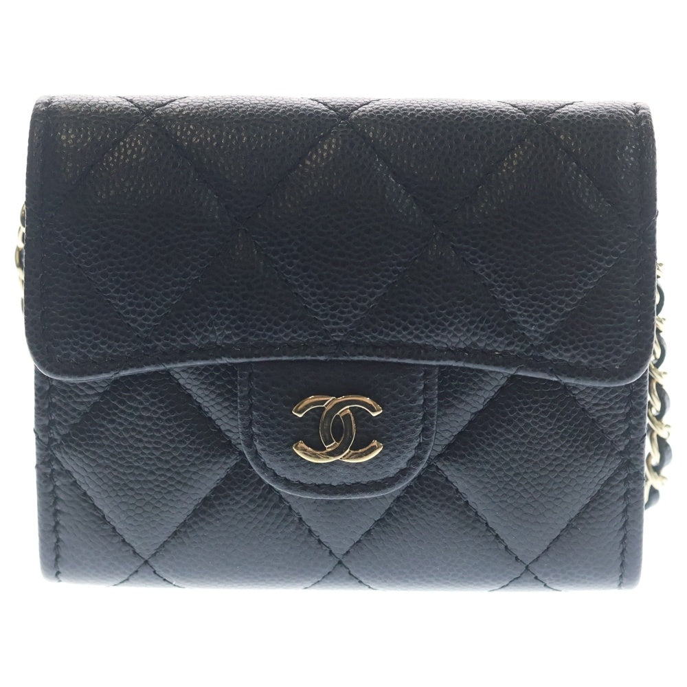 CHANEL(シャネル) マトラッセ チェーンウォレット ミニ財布 ブラック キャビア ゴールド金具 レディース