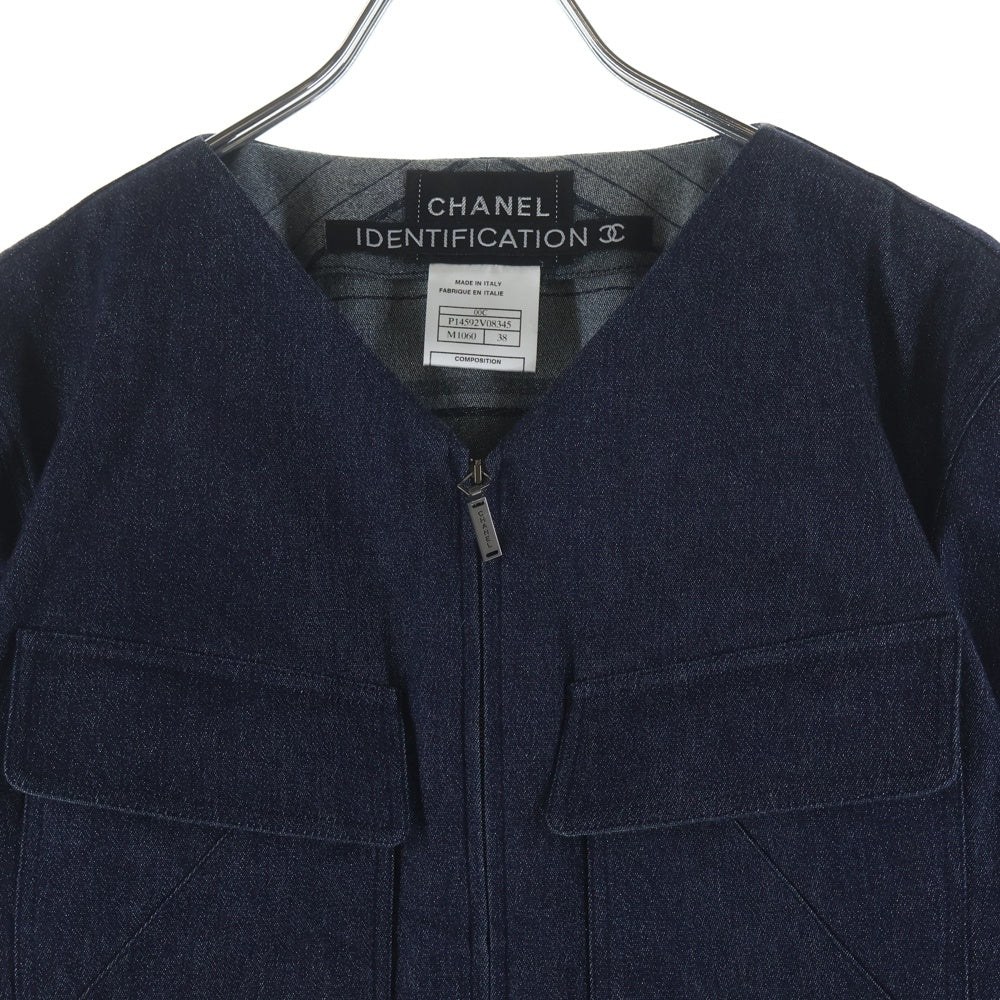 CHANEL(シャネル) 00C クルーズコレクション IDENTFICATION ラメデニム ノーカラー ジップアップ ジャケット インディゴ レディース P14592V08345