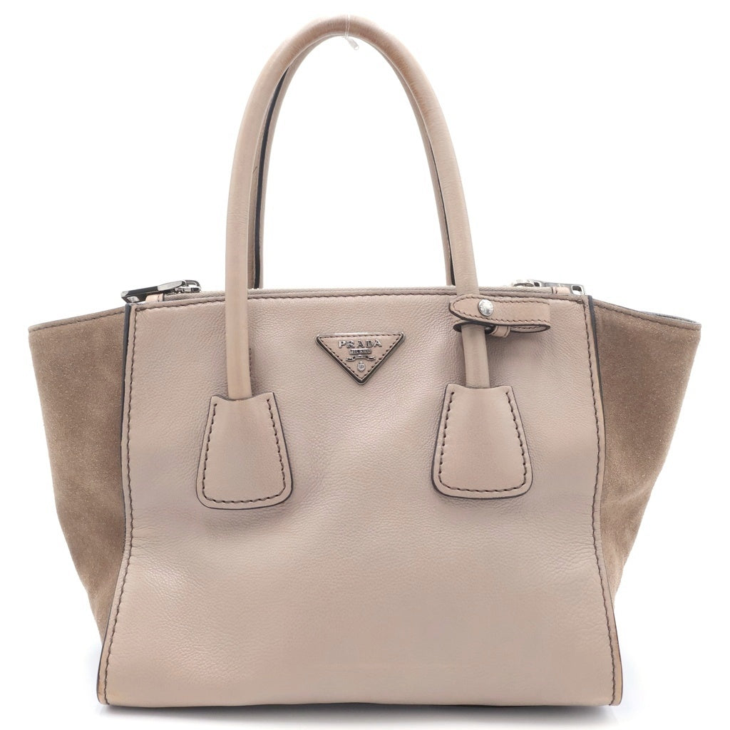 PRADA(プラダ) トライアングルロゴ トートバッグ ショルダーバッグ ベージュ レザー×スエード BN2619 シルバー金具 レディース