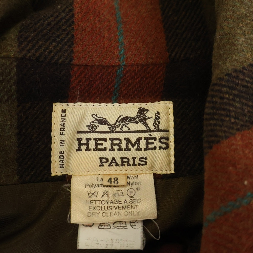 HERMES(エルメス) ステンカラーコート ファイヤーマン チェック カーキ ウール